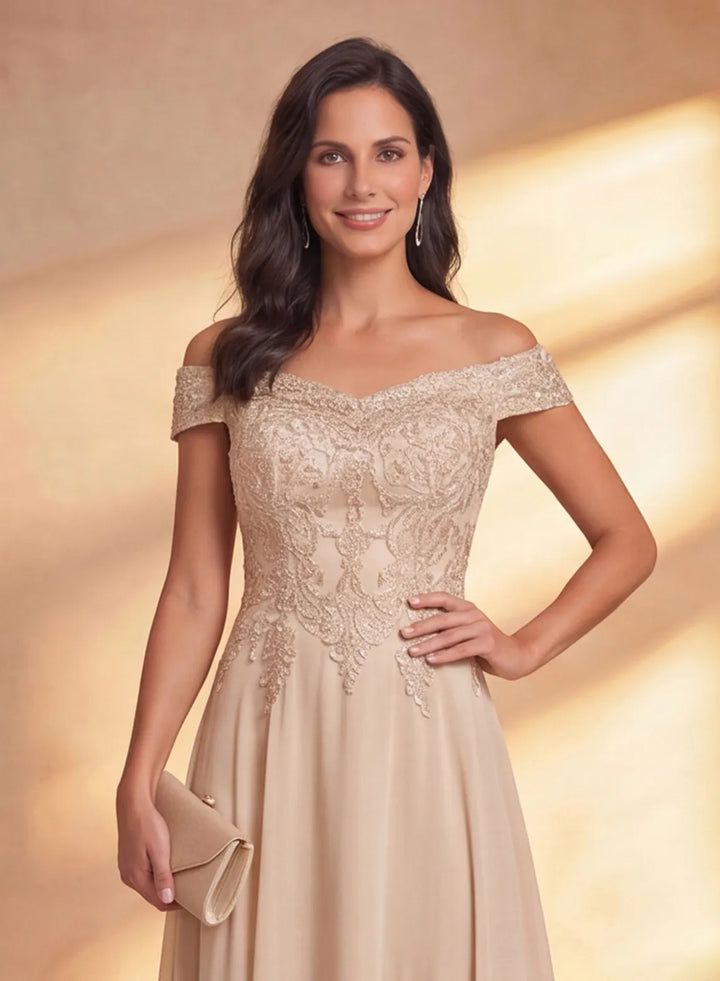 Elegant champagne mother of the bride dress with off shoulder neckline and floor length chiffon skirt