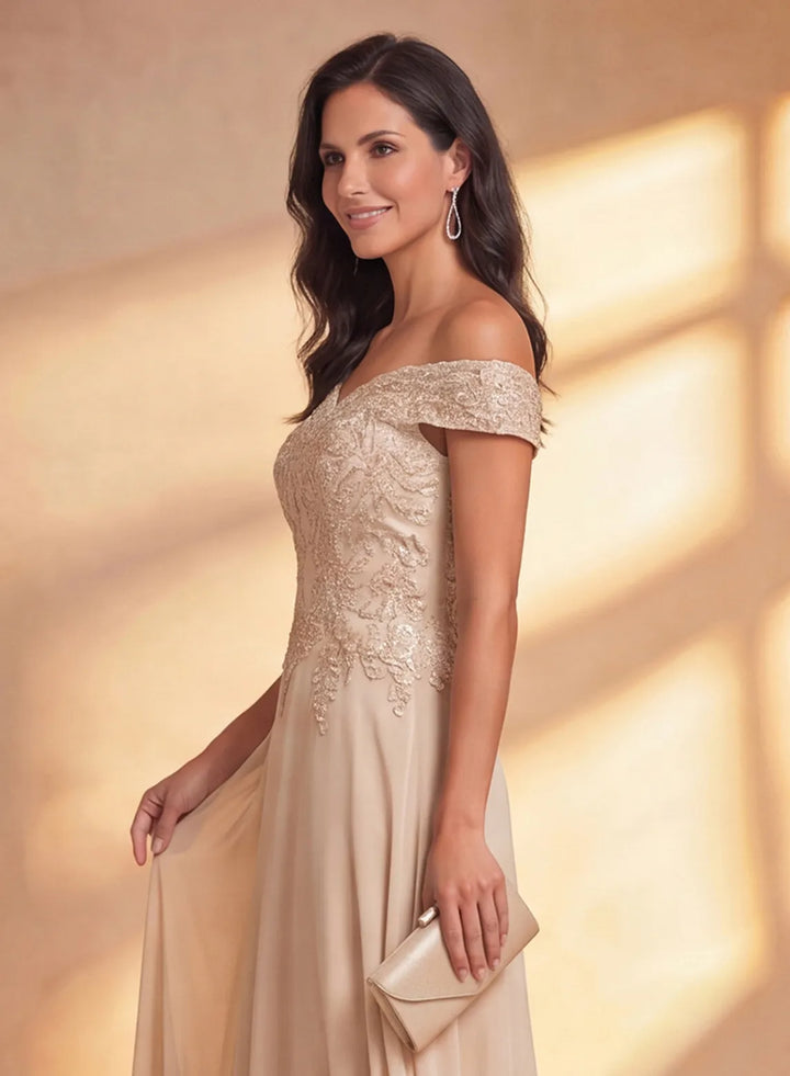 Lace bodice detail on champagne mother of the bride dress with off shoulder design
