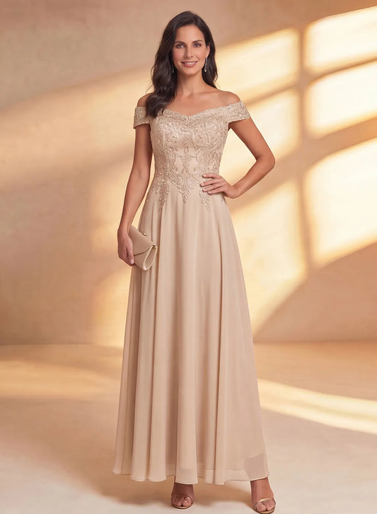 Champagne off shoulder mother of the bride dress with elegant chiffon skirt and lace bodice