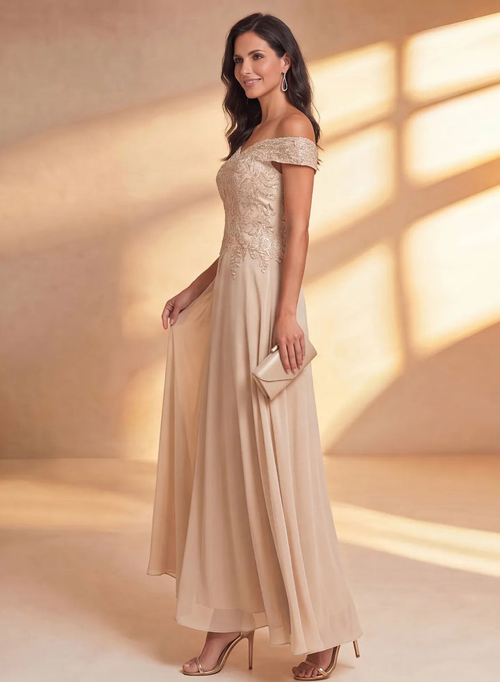 Side view of champagne mother of the bride formal dress with flattering A-line silhouette
