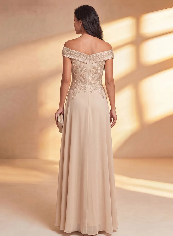Back view of elegant champagne mother of the bride chiffon dress with lace detailing