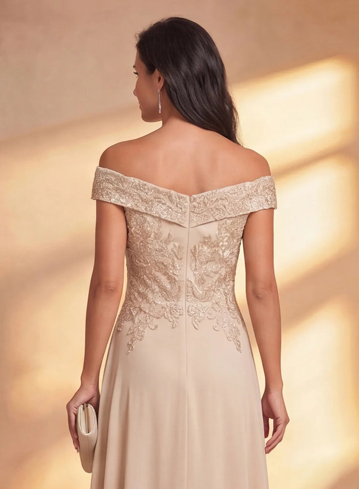 Back view of champagne off shoulder  maxi dress with lace back detail