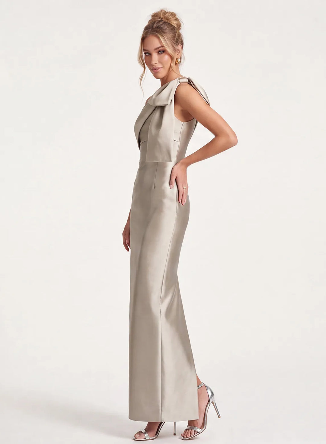 Champagne one shoulder bridesmaid dress with bow, side view