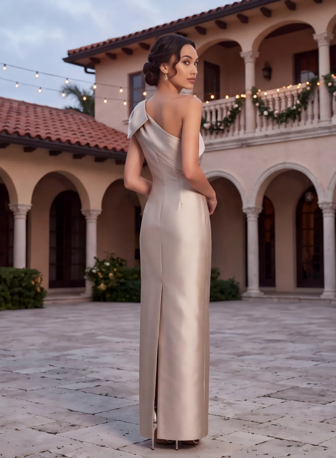 Champagne one shoulder bridesmaid dress for a formal wedding