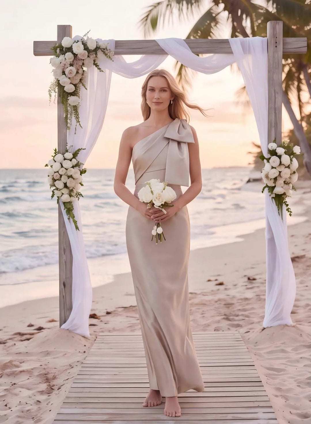 Champagne satin bridesmaid dress for an elegant outdoor wedding