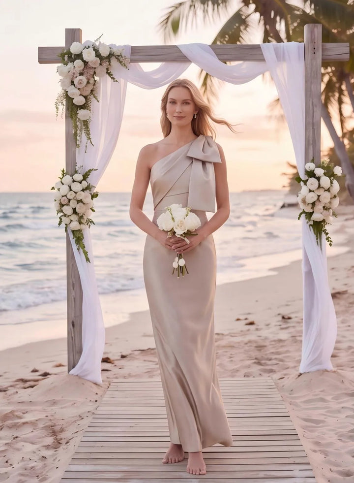 Champagne satin bridesmaid dress for an elegant outdoor wedding
