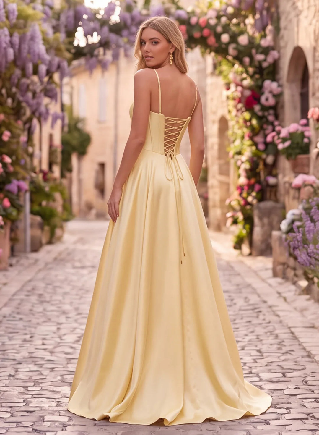 Champagne satin prom dress with lace-up back and flowing floor-length A-line skirt back view