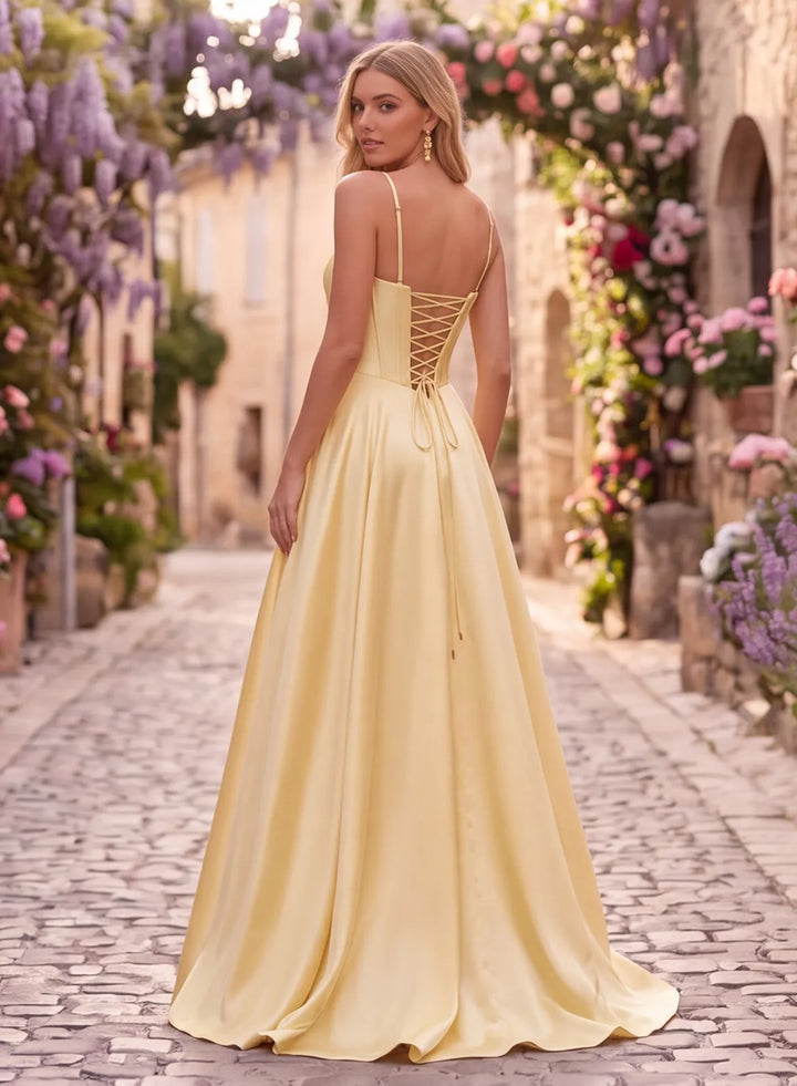 Champagne satin prom dress with lace-up back and flowing floor-length A-line skirt back view