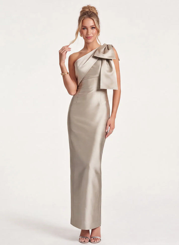 Champagne satin one shoulder bridesmaid dress with oversized bow, front view