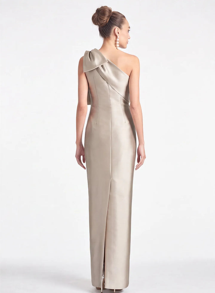 Champagne satin one shoulder bridesmaid dress, back view