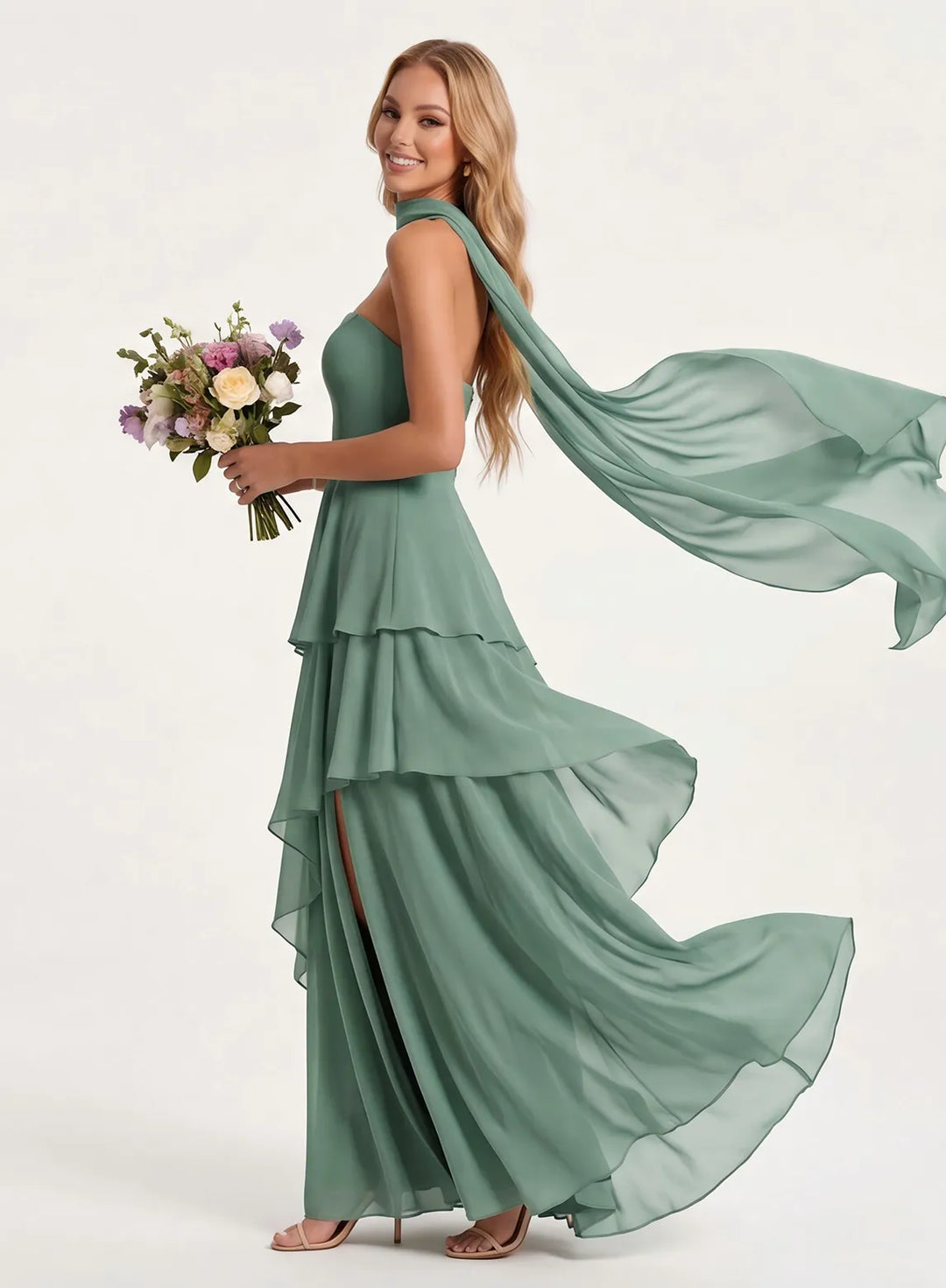 Chiffon bridesmaid dress skirt detail showing soft layered ruffle design