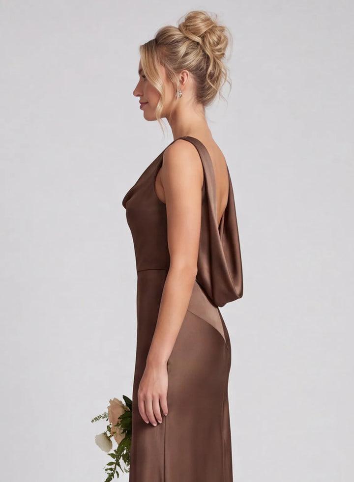 Chocolate brown satin bridesmaid dress with open back and slim silhouette