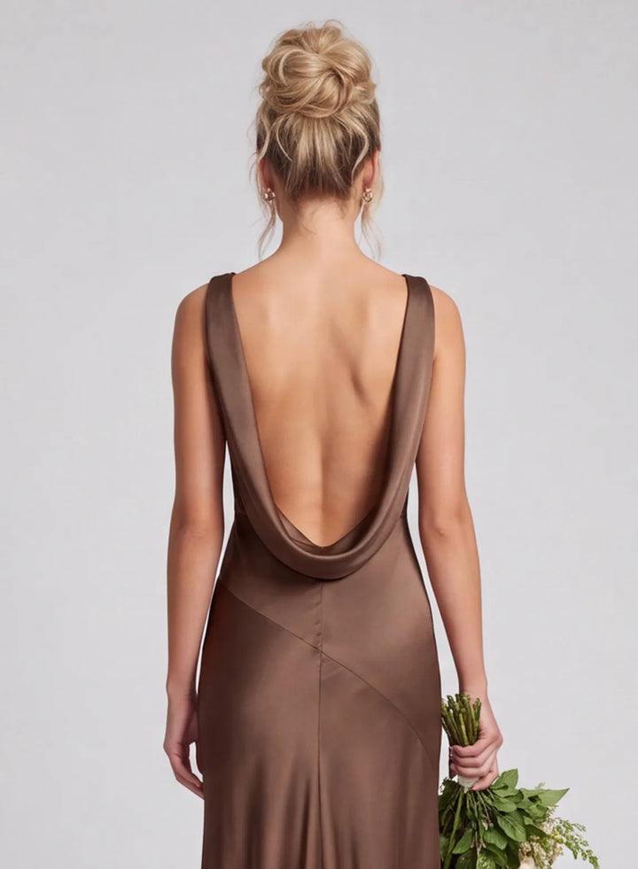 Chocolate brown open back satin bridesmaid dress with cowl back detail
