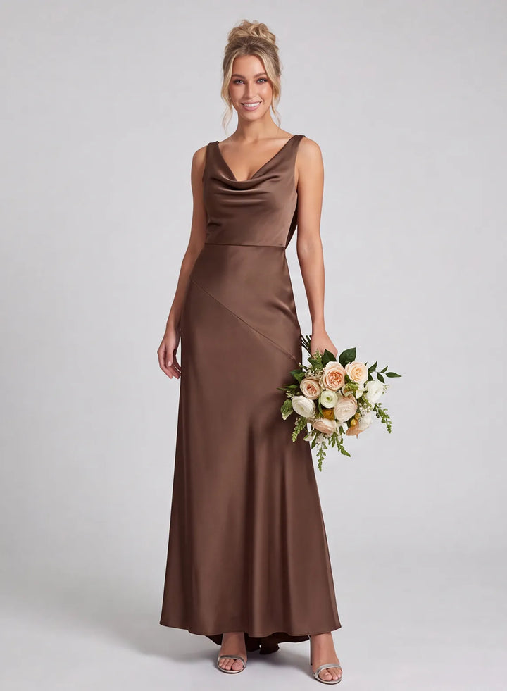 Chocolate brown satin bridesmaid dress with cowl neck front view