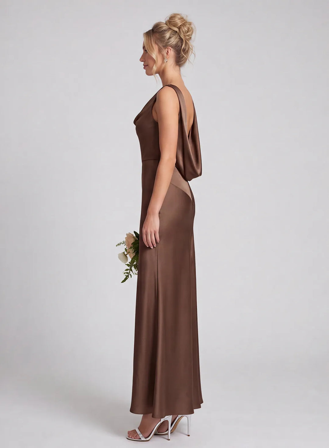 Chocolate brown satin bridesmaid dress with flowing floor-length skirt side view