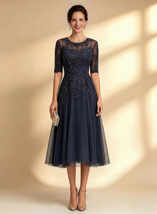Classic navy formal dress for mother of the bride featuring lace details and feminine style