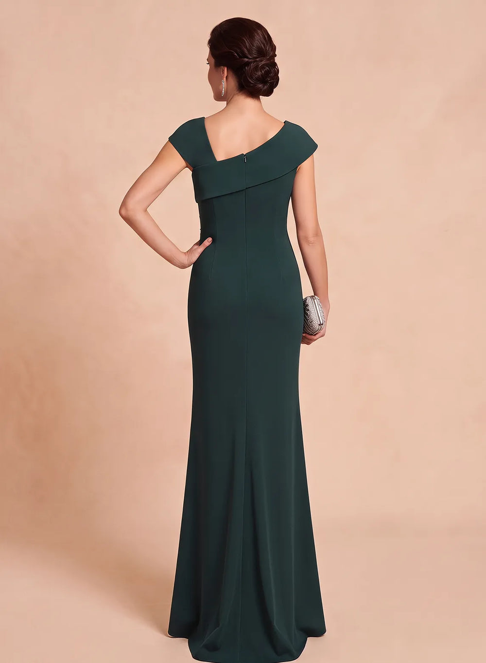 Back view of a deep green floor-length evening dress with short sleeves