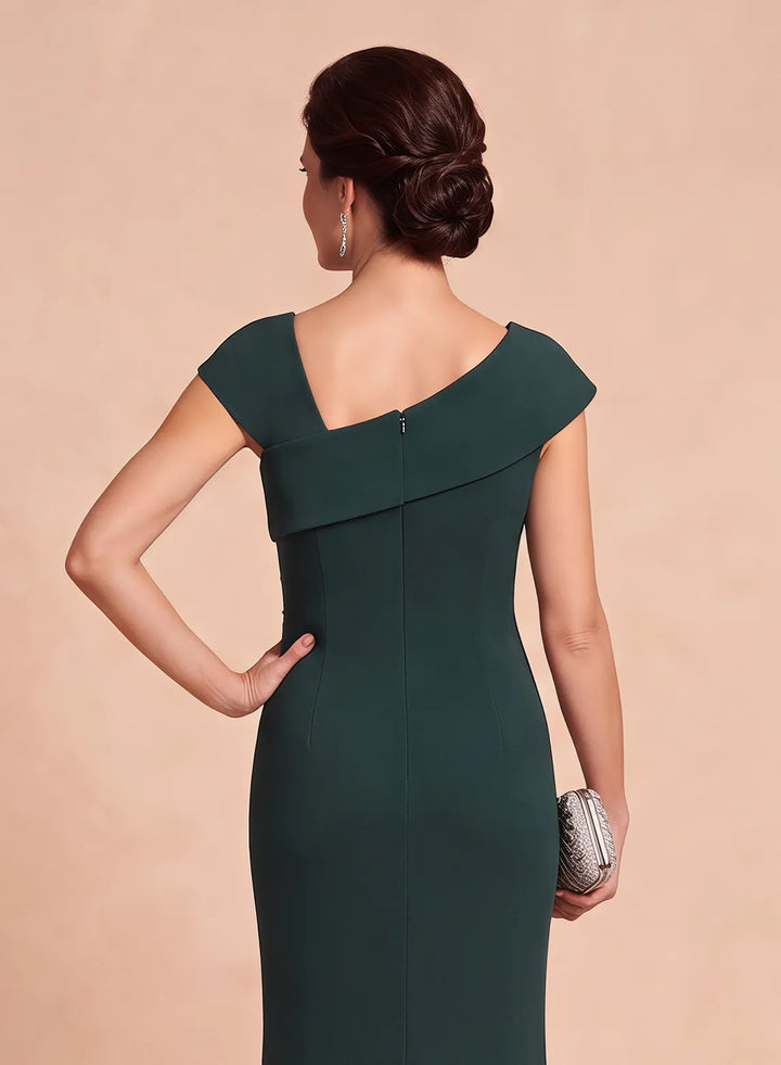 Back upper-body view of a deep green formal gown with a wide neckline and short sleeves