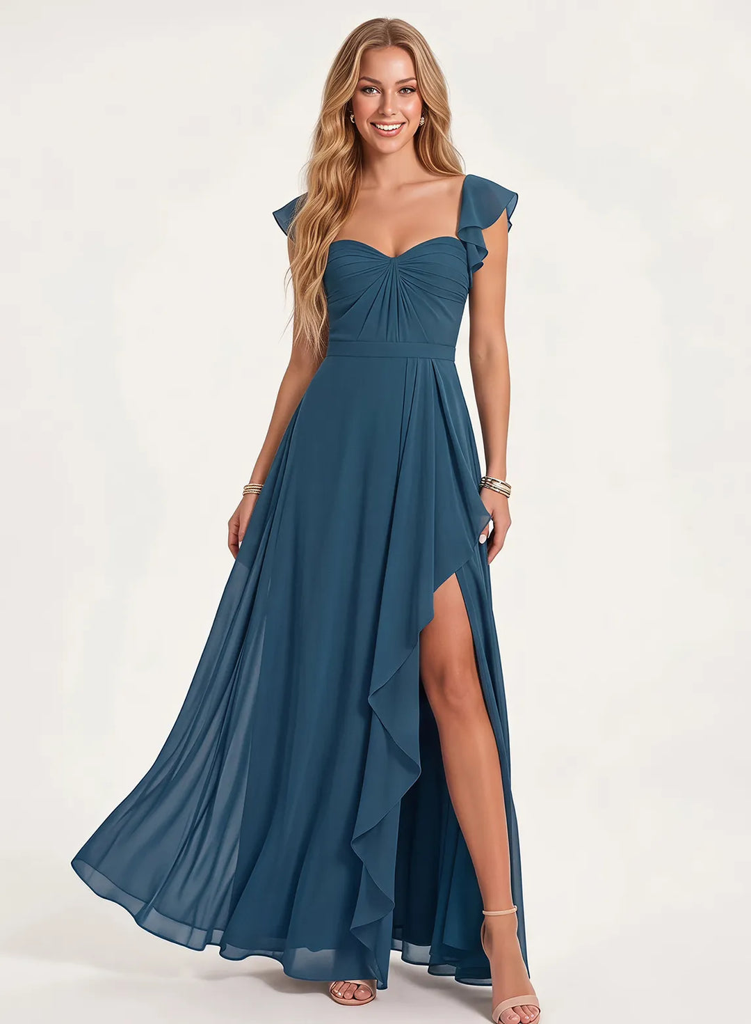 Dusty blue A-line chiffon bridesmaid dress with floral bouquet detail