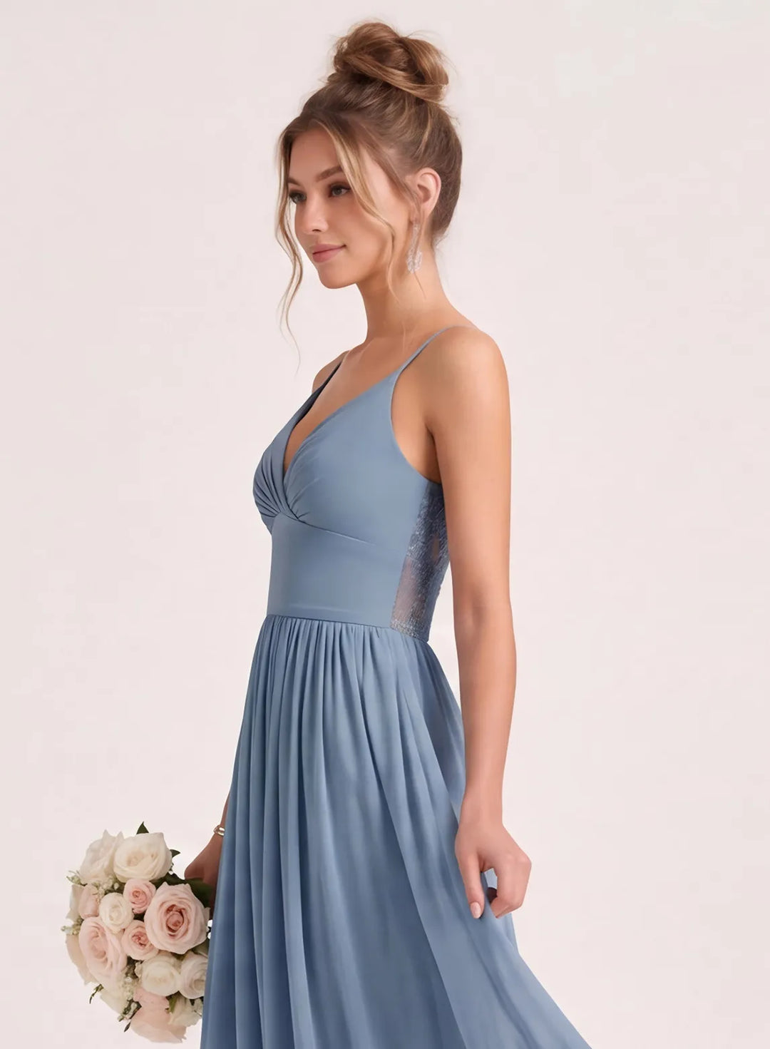 Dusty blue A-line wedding bridesmaid dress with flowing chiffon skirt