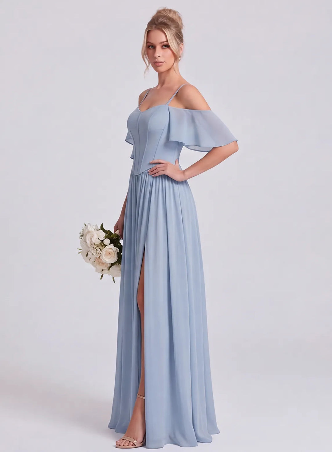 Elegant dusty blue bridesmaid dress with off-the-shoulder sleeves and flowing chiffon skirt