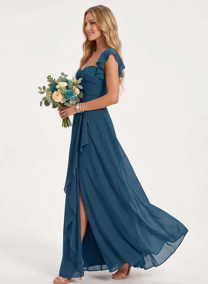 Dusty blue chiffon bridesmaid dress with flowing A-line skirt, side view