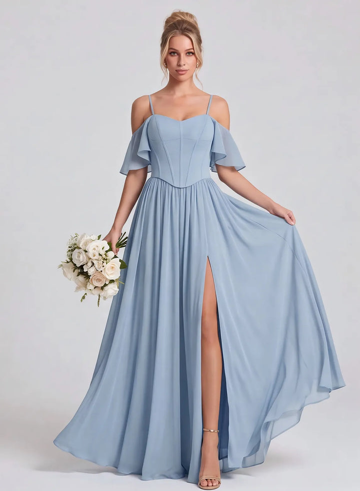 Dusty blue bridesmaid dress with off-the-shoulder sleeves and high slit