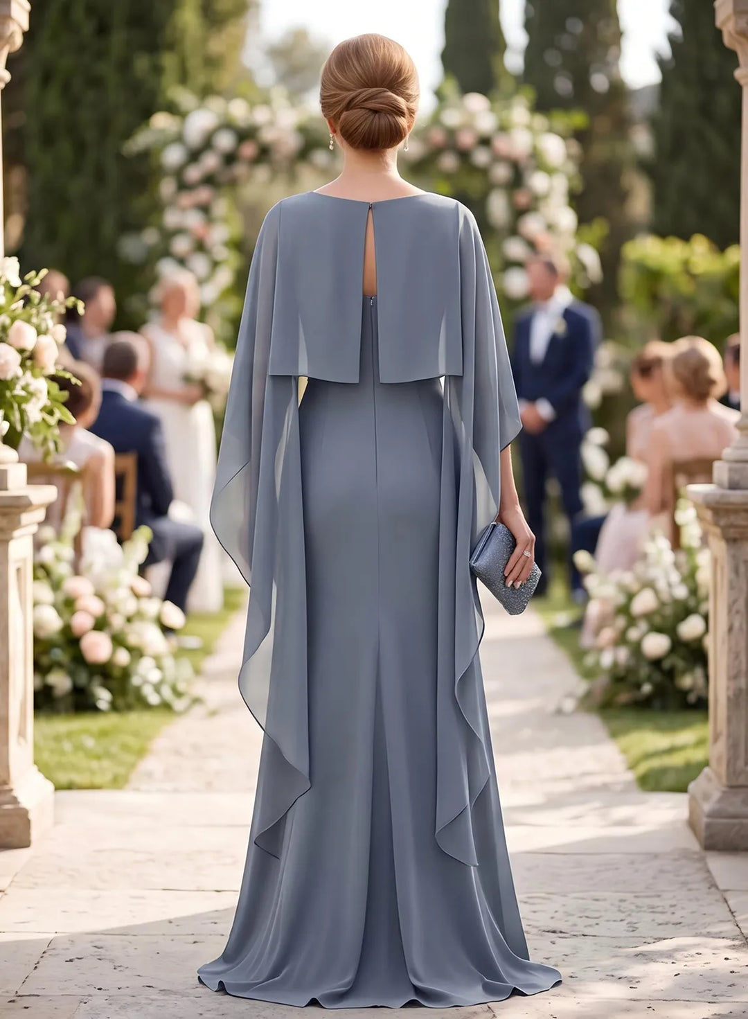 Dusty Blue Mother of the Bride Dress with Cape Sleeves – Veloria Bridal