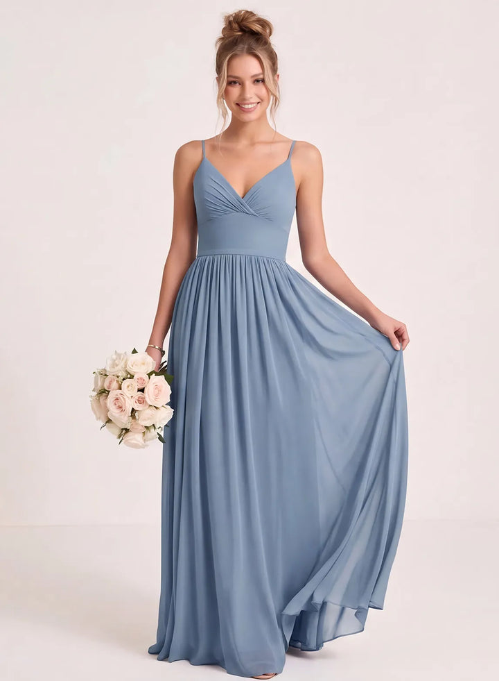 Dusty blue chiffon A-line bridesmaid dress with V-neck and flowing skirt