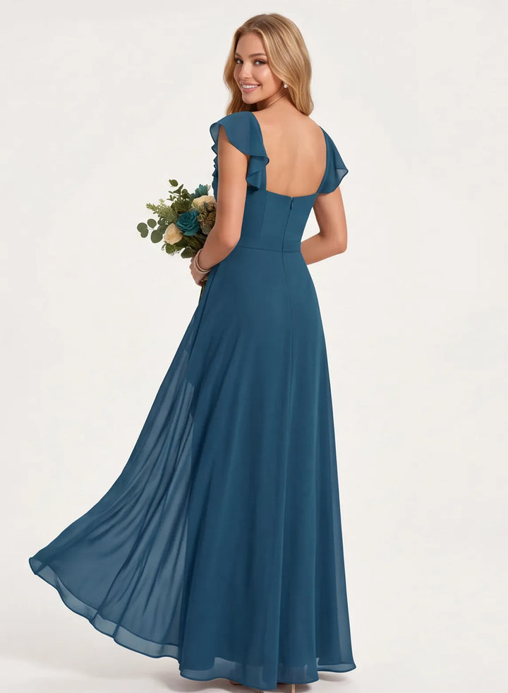 Dusty blue chiffon bridesmaid dress with elegant flowing skirt, back view