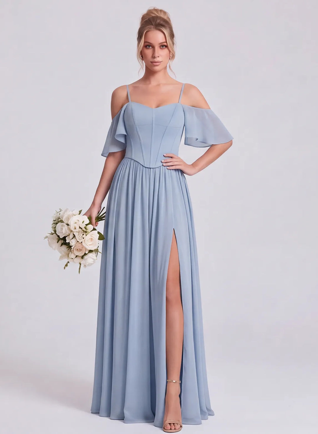 Dusty blue chiffon bridesmaid dress with off-the-shoulder neckline and elegant long skirt