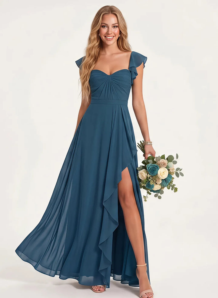 Dusty blue chiffon bridesmaid dress with flowing A-line skirt, front view