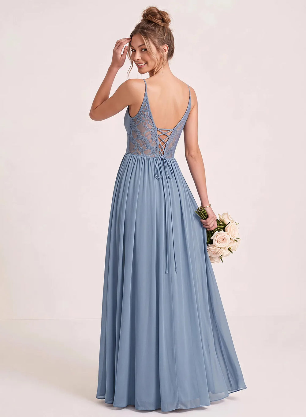 Dusty blue chiffon bridesmaid dress with lace-up back and floor-length skirt