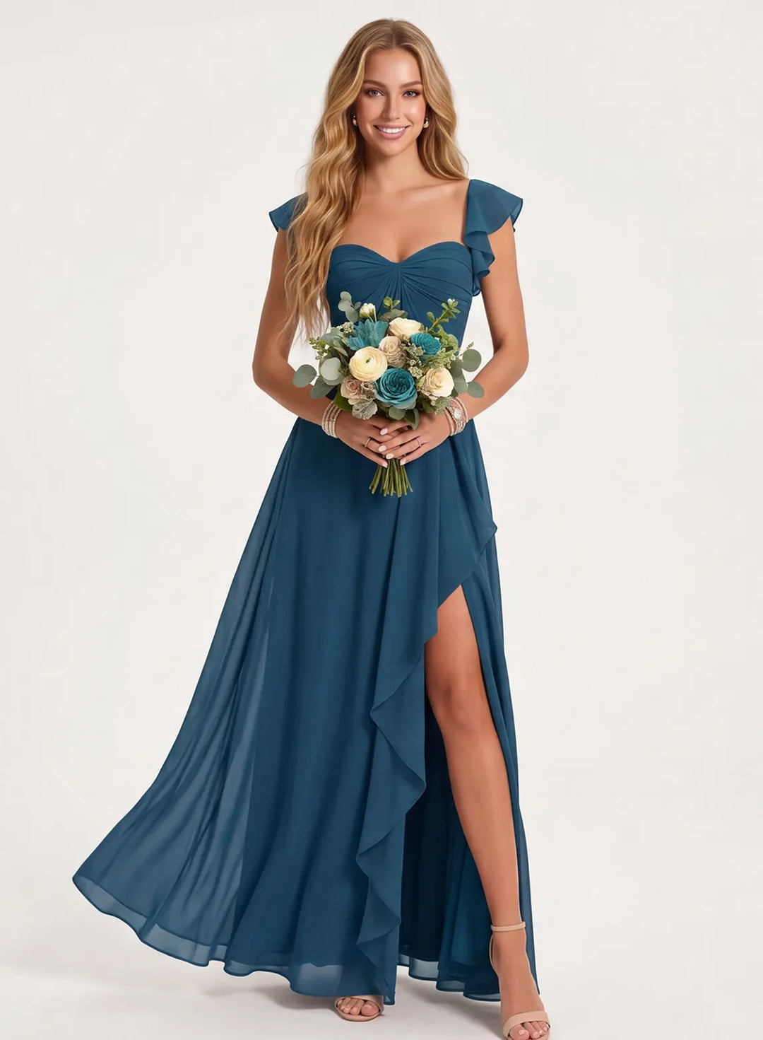 Dusty blue chiffon bridesmaid gown with elegant A-line silhouette, front view