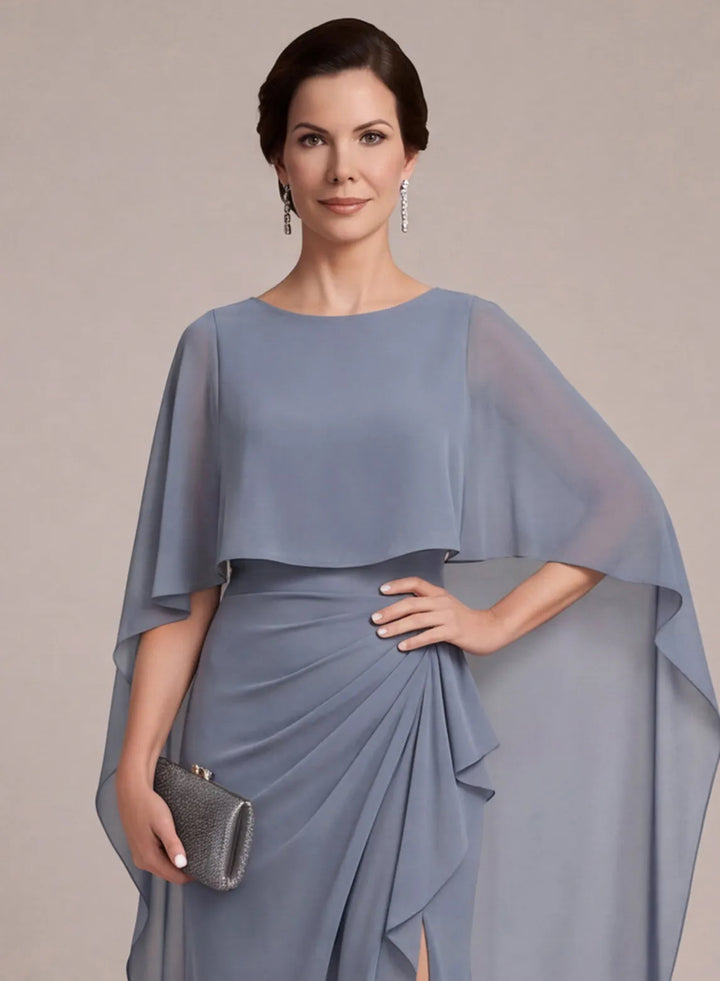 Dusty blue formal dress featuring flattering ruched waist detail