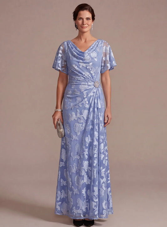 Dusty blue floral mother of the bride dress with elegant A-line silhouette