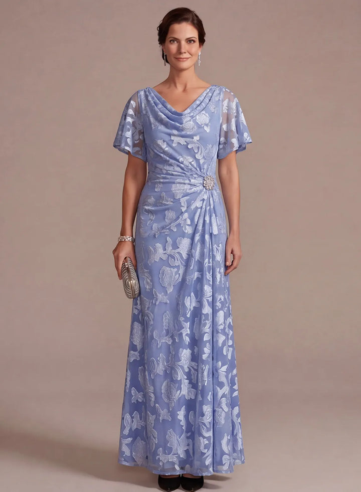 Dusty blue floral mother of the bride dress with elegant A-line silhouette