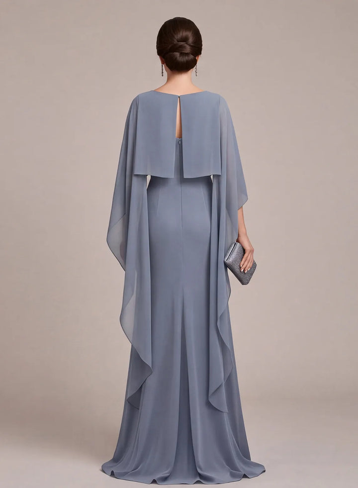 Back view of dusty blue formal gown with flowing cape sleeves for wedding