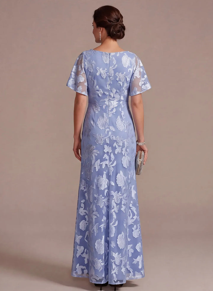 Back view of dusty blue jacquard formal dress for wedding events