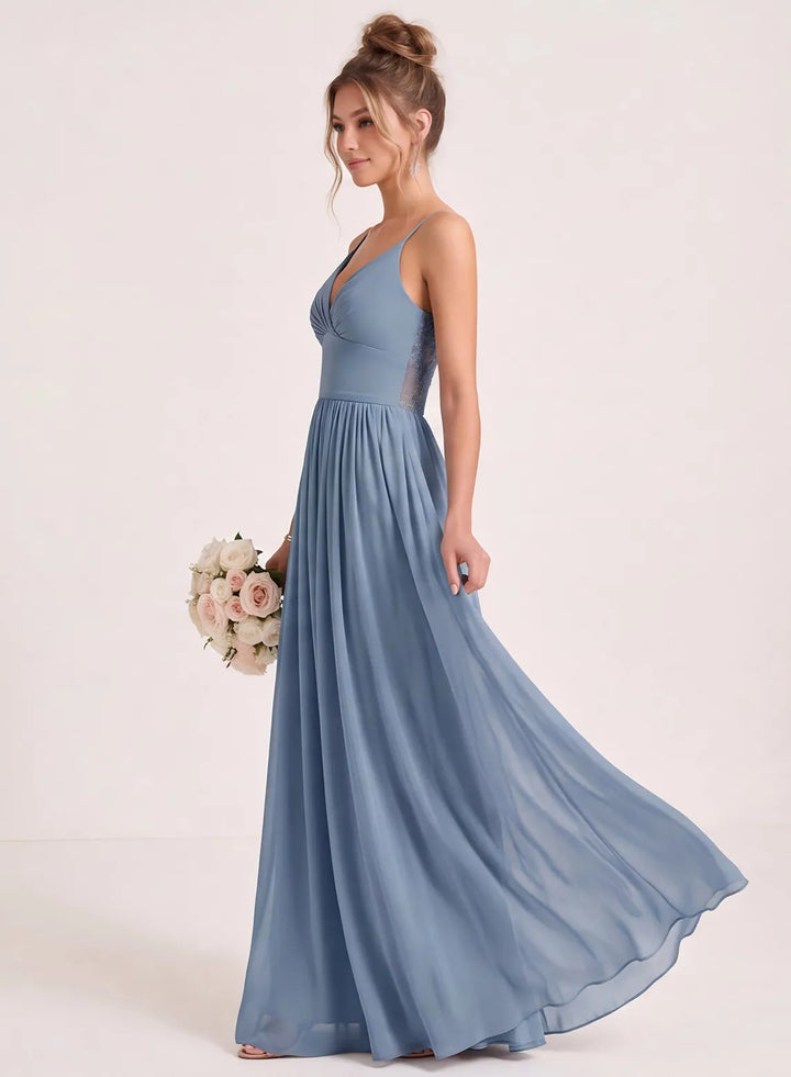 Dusty blue long chiffon bridesmaid dress with elegant A-line silhouette
