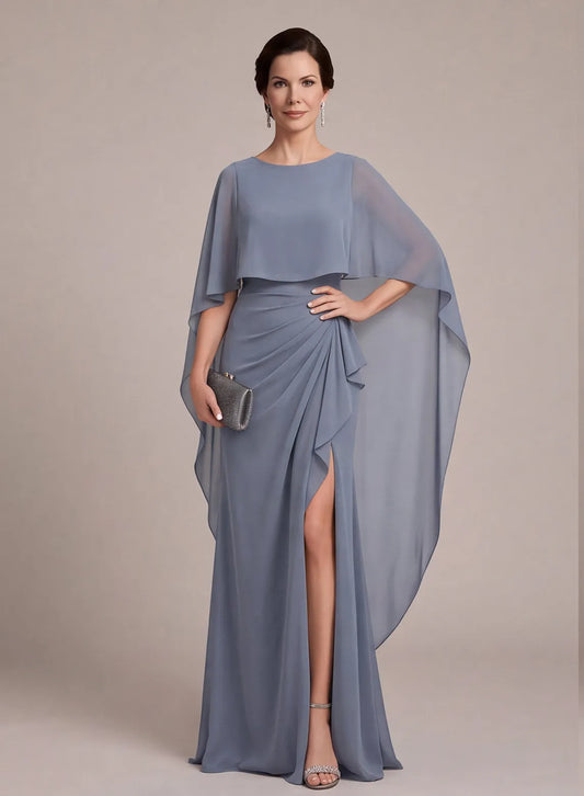 Dusty blue mother of the bride dress with elegant cape sleeves and ruched waist
