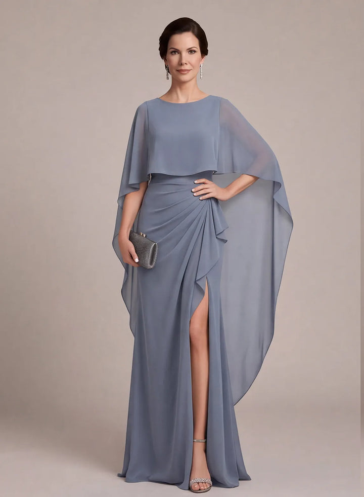Dusty blue mother of the bride dress with elegant cape sleeves and ruched waist