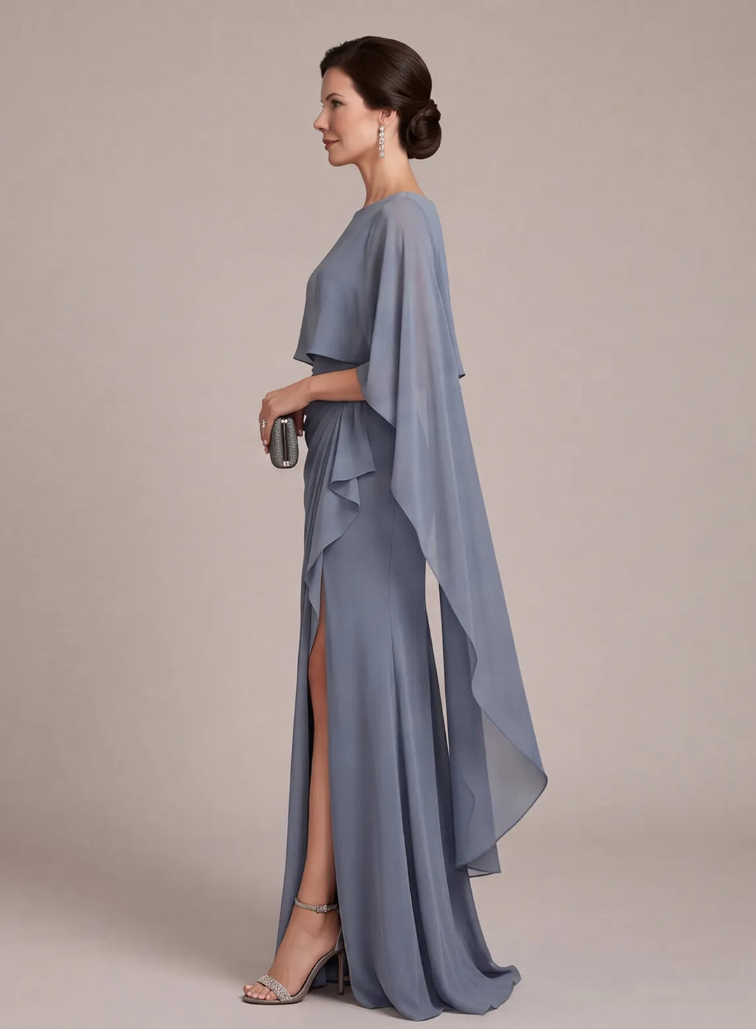 Dusty Blue Mother of the Bride Dress with Cape Sleeves – Veloria Bridal