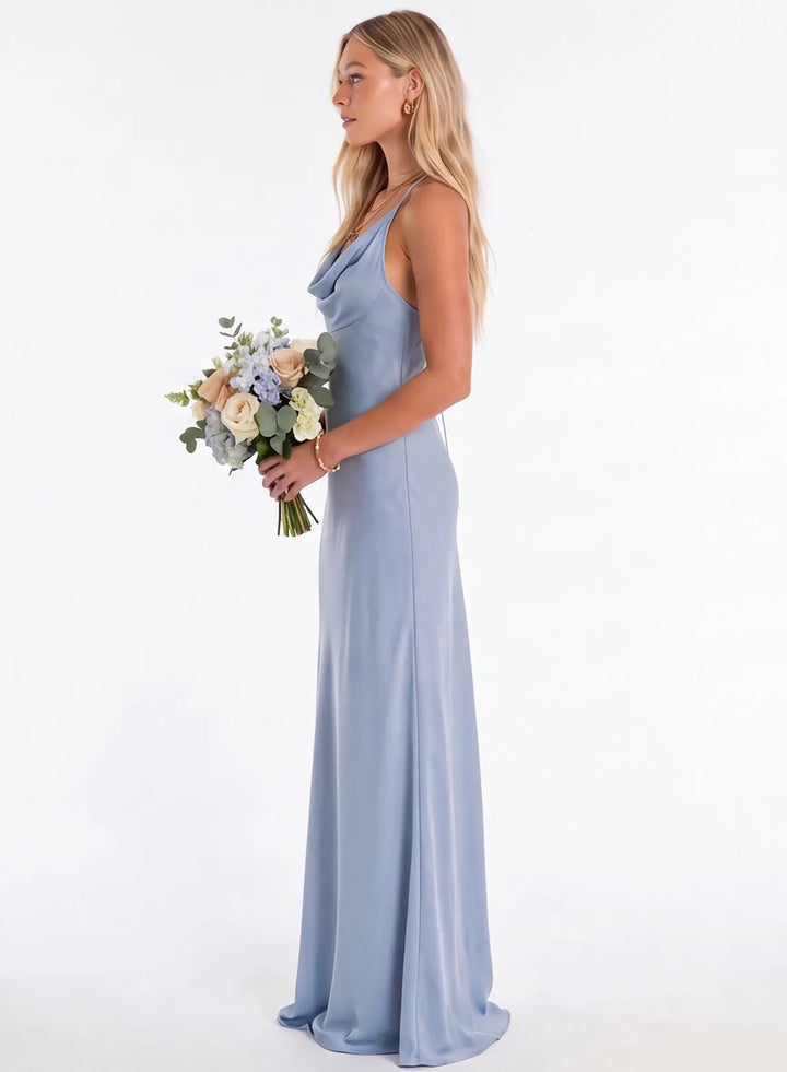 Dusty blue satin floor-length bridesmaid dress side view