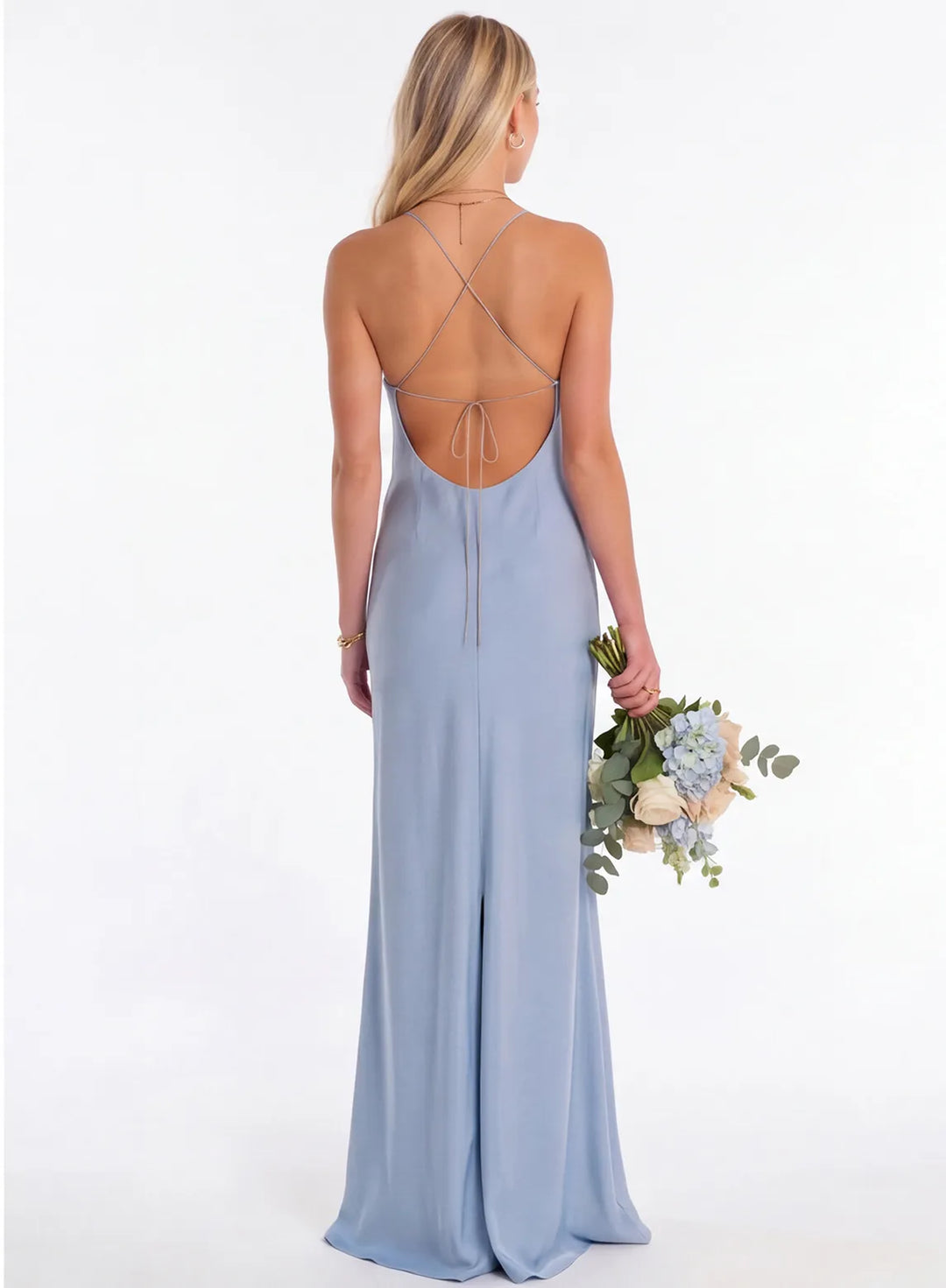 Dusty blue satin bridesmaid dress with strappy open back