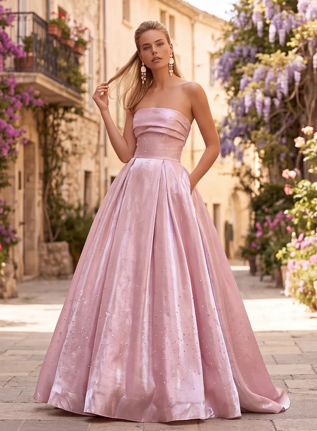 Dusty pink metallic satin strapless A-line prom dress front view