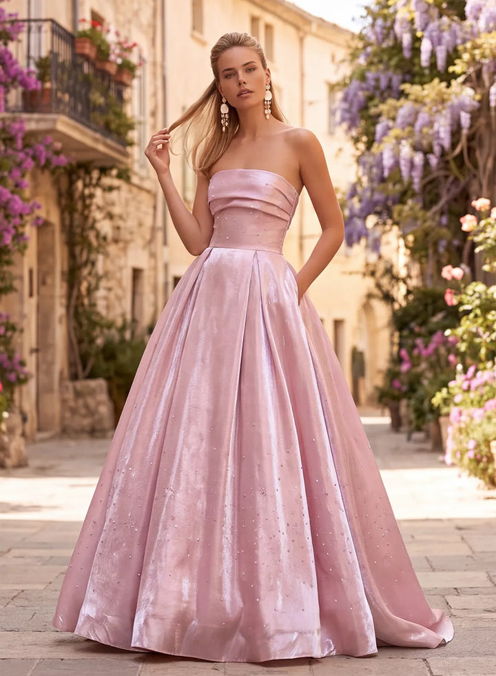 Dusty pink metallic satin strapless A-line prom dress front view