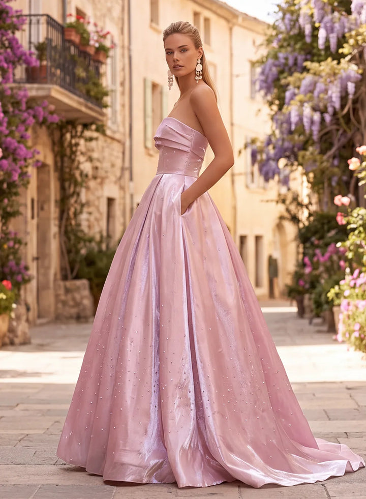 Dusty pink strapless A-line prom dress side view