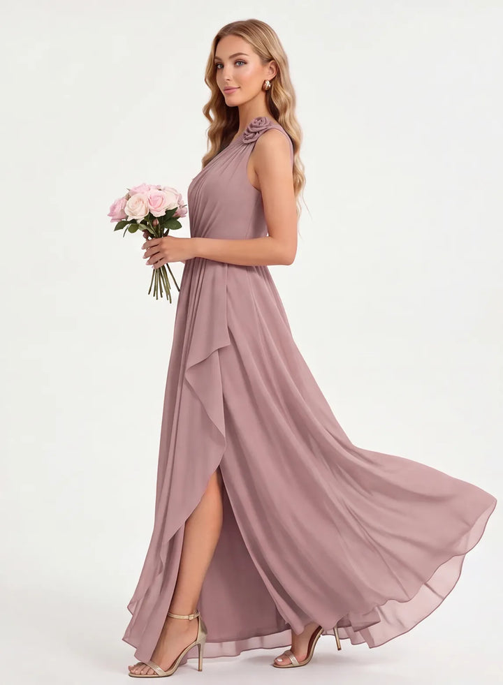 Flowing dusty rose A-line maxi bridesmaid dress with elegant chiffon skirt movement