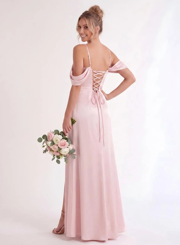 Dusty rose bridesmaid dress back view with graceful wedding gown design